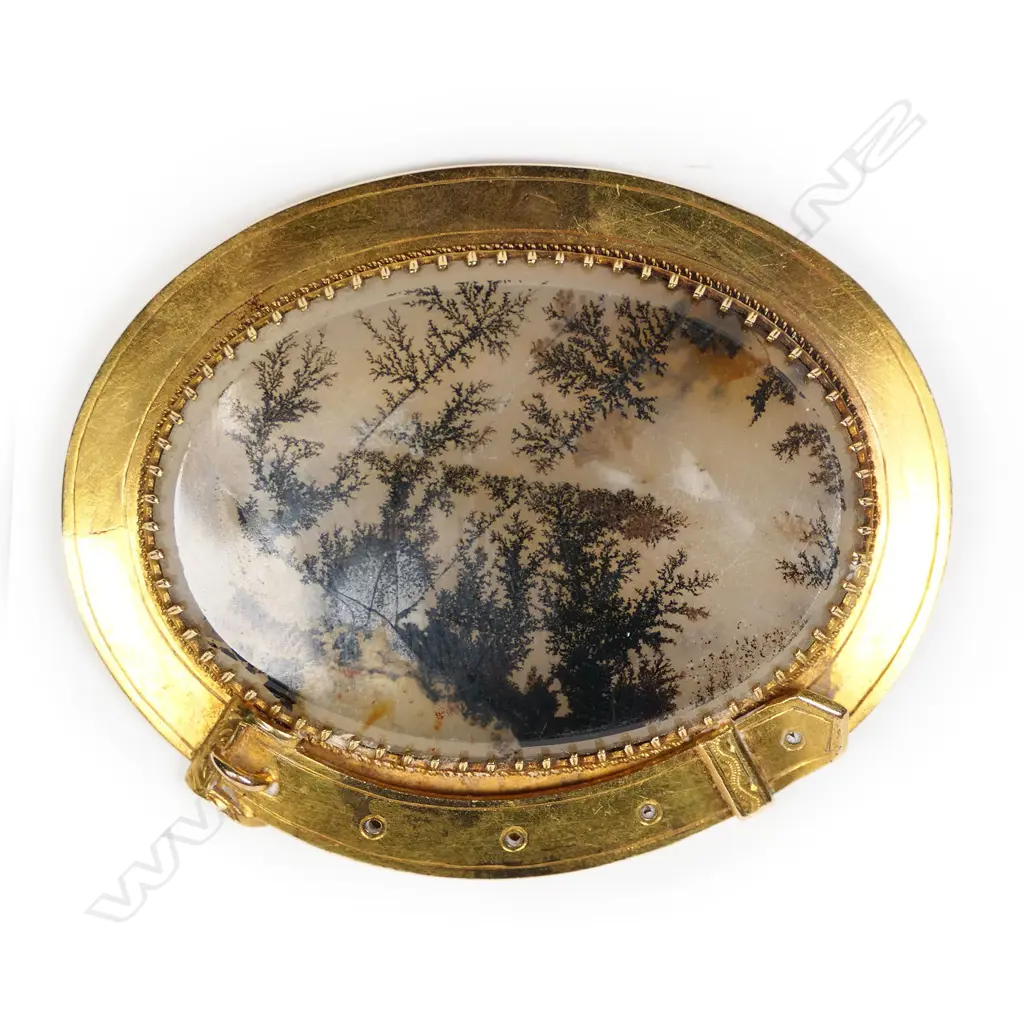 Sigismund Kohn (Dunedin) 18ct Gold and moss agate brooch, Image 1++
